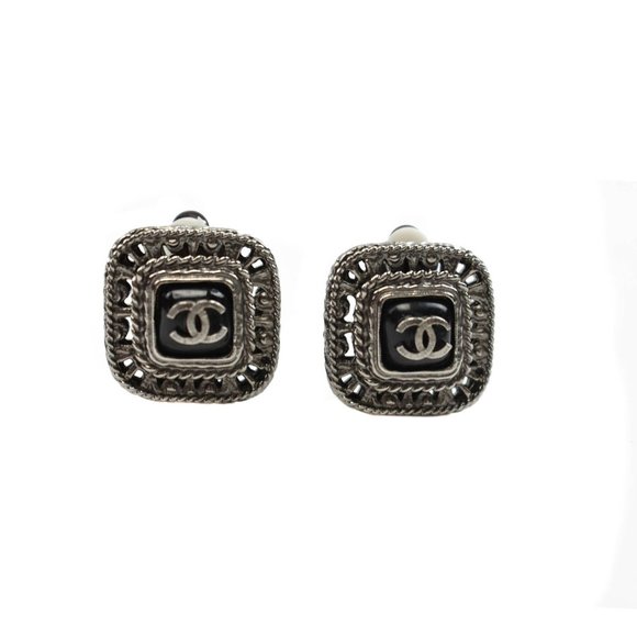 CHANEL Jewelry - CHANEL: Silver, Metal & Black "CC" Logo, Square Clip Earrings